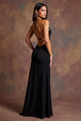 Schwarzes Spaghettiträger Satin Langes Ballkleid mit Schlitz